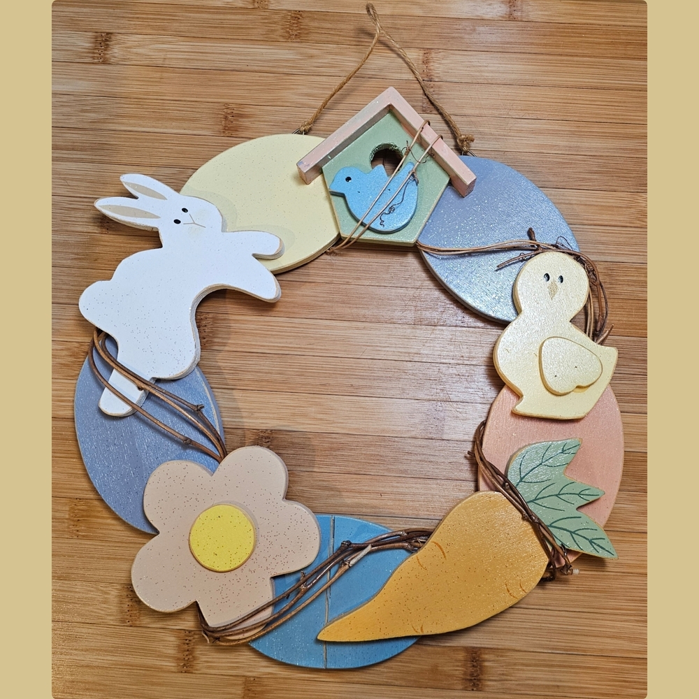 Vintage colorful wooden Easter Wreath with Bunny and Chick